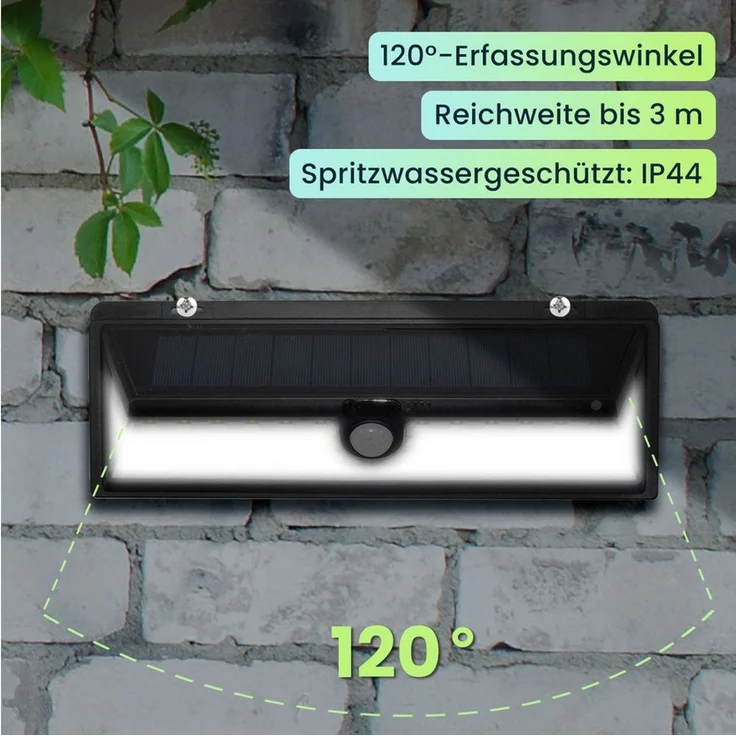 Casativo LED Außen-Wandleuchte Solar-Wandleuchte mit PIR-Sensor 66 LEDs 800 lm 13,2W IP44, LED fest integriert, 66 helle LEDs mit je 0,2 Watt (13,2 Watt gesamt), 3.600 mAh Akku/smarter Nachtlicht-Modus/LEDs mit Seitenlicht – Bild 4