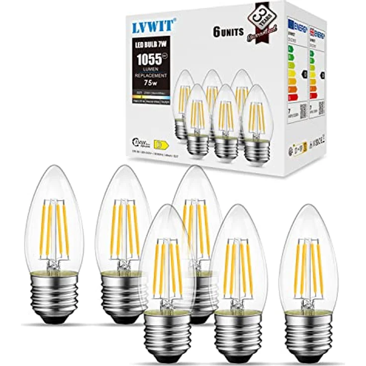 LVWIT 4W E27 Filament LED Glühfaden C35, 2700K Warmweiß, Ersatz für 40W Glühlampe, ultrahell 470 lm, nicht dimmbar, Rustikalampe in Kerzenform, Filamentstil klar (6er Pack) – Bild 7
