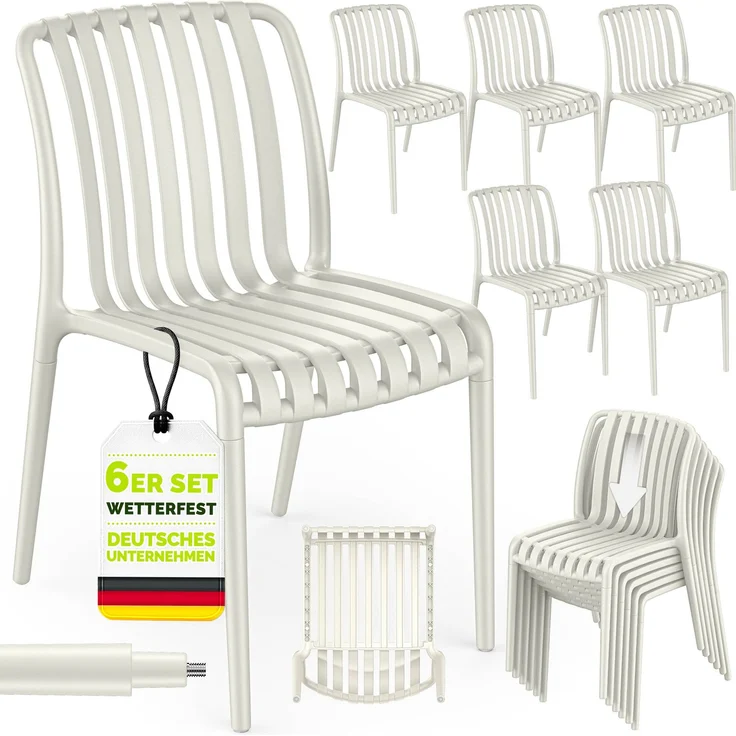 tillvex® Gartenstühle 6er Set Stapelbar Wetterfest | Outdoor Stühle bis 120kg belastbar, ohne Armlehne, Weiß – Bild 1
