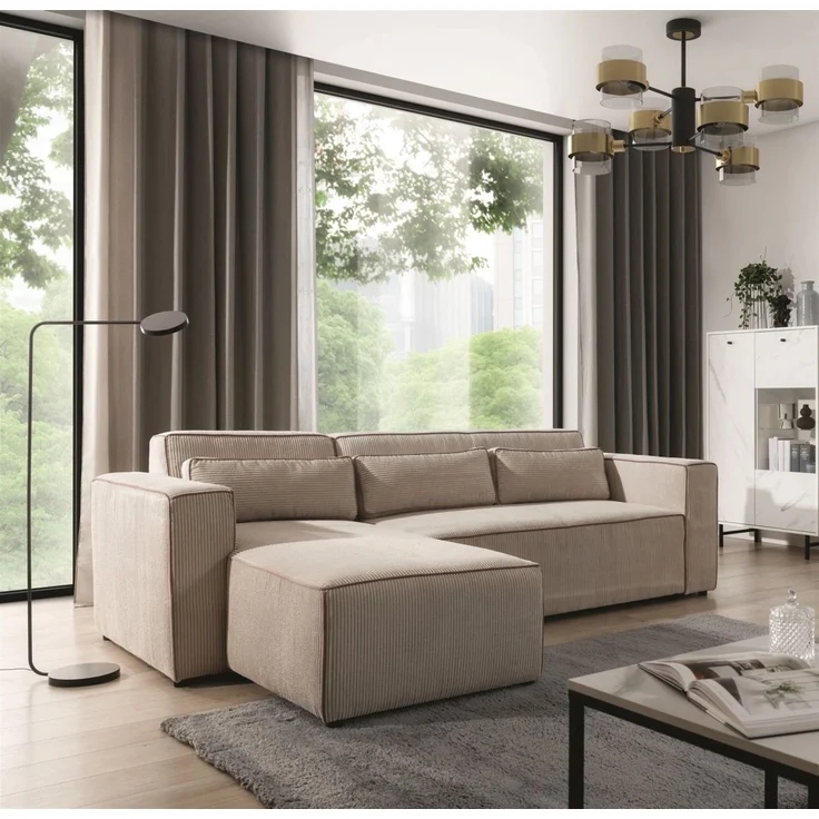 Ecksofa Schlafsofa inkl. Sessel WALDO Stoff Poso Beige Ottomane Links – Bild 2