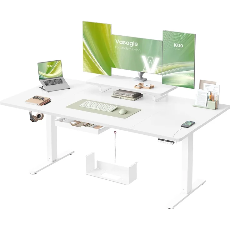 VASAGLE Höhenverstellbarer Schreibtisch, 160x80 cm, flexibel montierbarer Monitorständer, Schublade, USB-C-Anschluss, Erinnerung bei langem Sitzen, für Büro, wolkenweiß LSD156WB01 – Bild 1