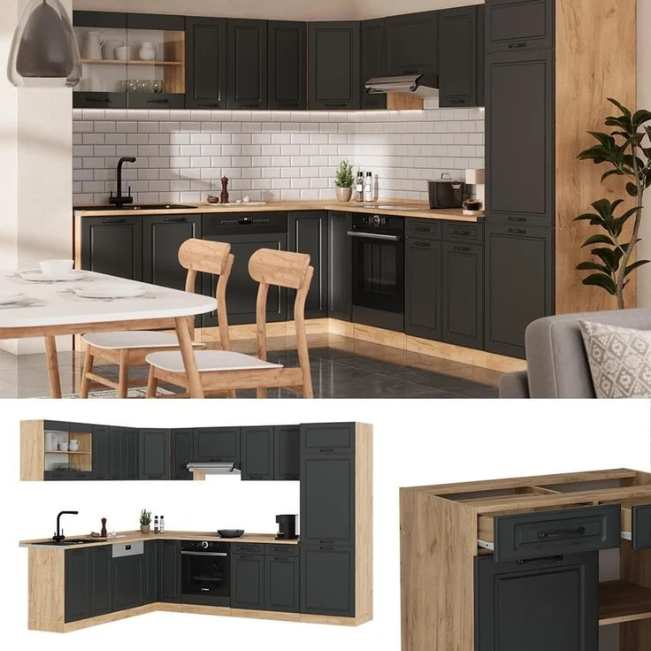 Eckküche R-Line Anthrazit Landhaus/Goldkraft Eiche 287 x 227 cm, AP Eiche Vicco – Bild 5