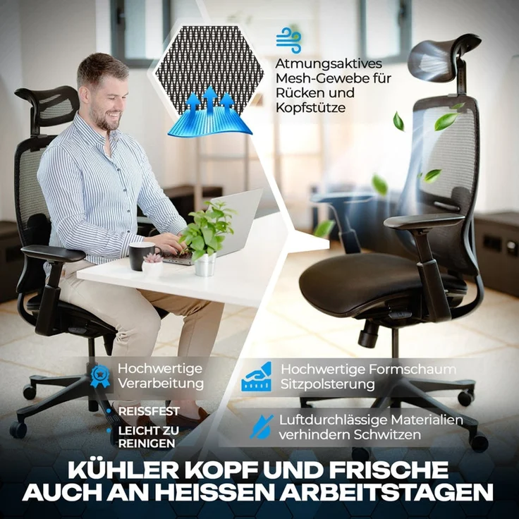 VALKENSTOL M5 POLSTER-SITZ Bürostuhl ergonomisch mit Schaumstoff Sitz - 5 Jahre Garantie - adaptive Lordosenstütze - verstellbare Sitztiefe – Bild 7