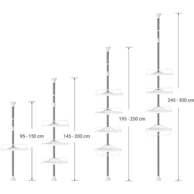 Songmics höhenverstellbares Duschregal, 95-300 cm, 4 Ablagen, 3 Haken, Weiß / Silber – Bild 6