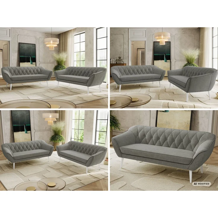 Wohnzimmerset Möbelset PIRS 3-3, Armlehnen, Wellenfederung, weiße Füße, Dreisitzer Sofa, Polstermöbel Set - Grau Stukture – Bild 2