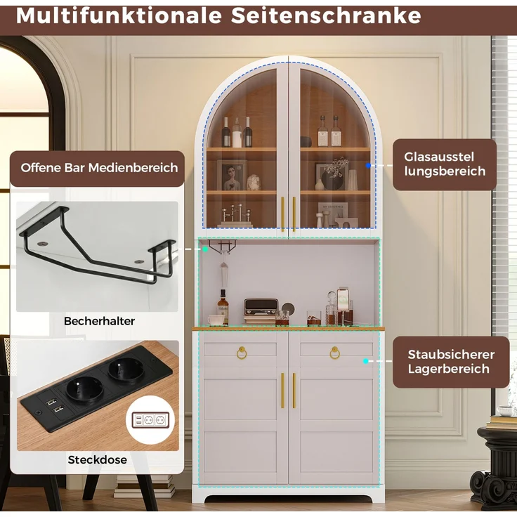 Hochschrank 80 x 40 x 180 cm in Weiß mit Glasvitrine, Schubladen und LED-Beleuchtung – Bild 8