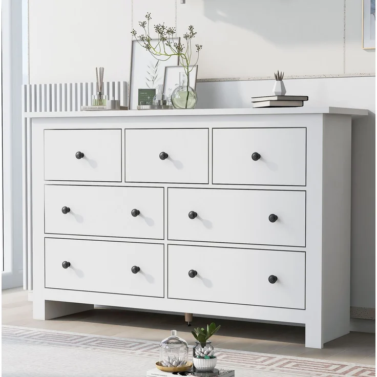 DESVIAE Sideboard mit 7 Schubladen, 152x88,5x40 cm, aus Spanplatte, Weiß – Bild 2
