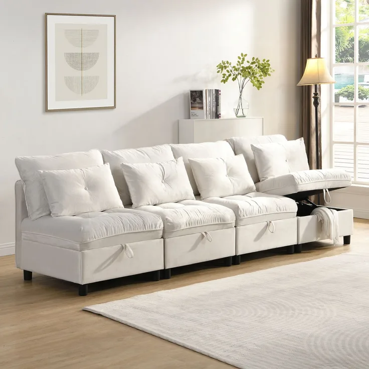 Schlafsofa mit 4 unabhängige Module, als 4-Sitzer, 2 Zweisitzer oder Schlafsofa nutzbar, Wolken-Sitzkomfort, Beige
