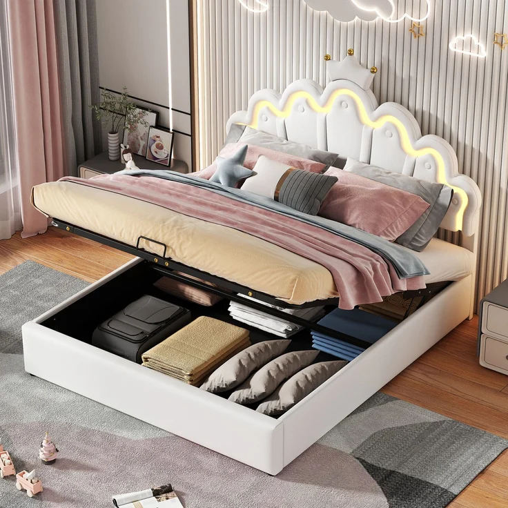 Prinzessinnenbett 140x200 cm, gepolstertes Bett mit LED-Beleuchtung und hydraulischem Stauraum, Kunstleder Weiß,mit Wolkenkopfteil und Krone – Bild 2