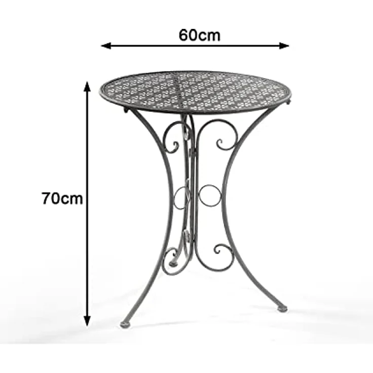 Kobolo Dekorativer Gartentisch, grauer Metalltisch mit Blumenstanzungen, 60 cm Durchmesser, Höhe 70 cm – Bild 5