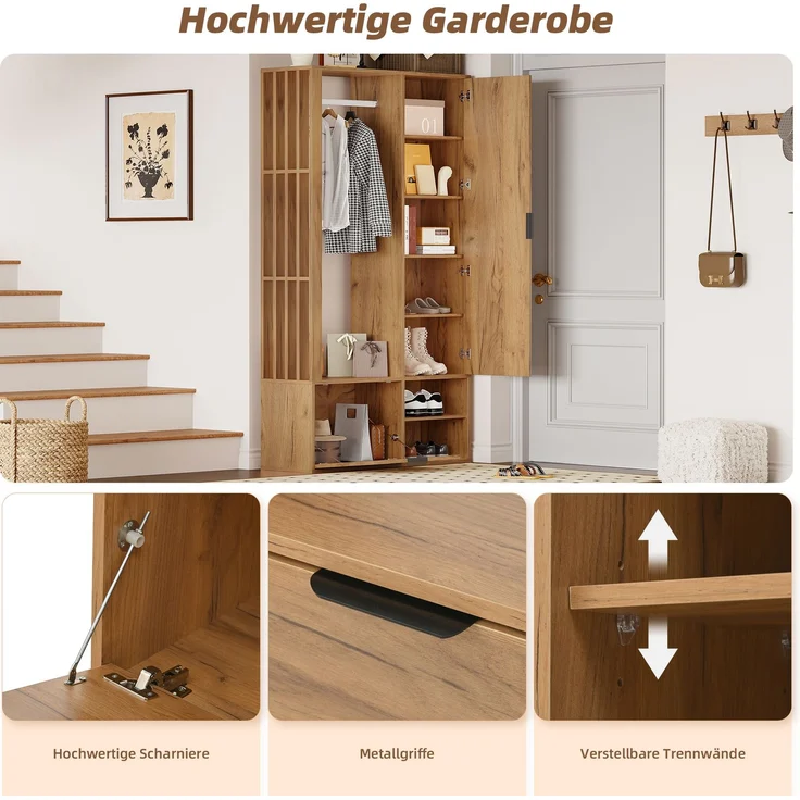 100*33*190cm garderobenschränke mit flur,6-in-1-Eingangsschrank, zum Aufhängen von Mänteln,Flurschrank mit Wäscheständer ,Garderobenschrank und Spiegel, Breite 100 cm,Schrank mit unterer Tür,Holzfarbe--Natürlich--100x33x190cm--YOUDENOVA – Bild 9