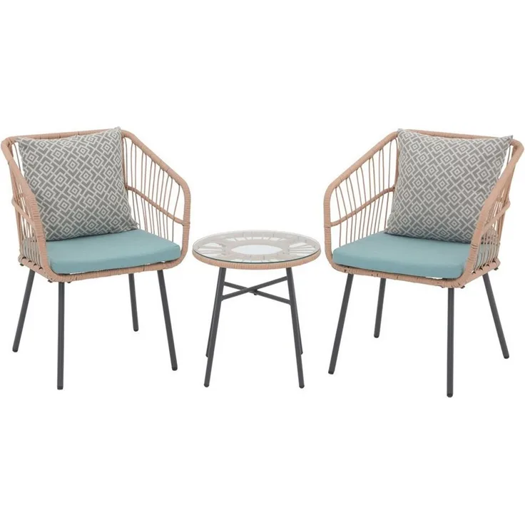 JOIVI Bistrostuhl Outdoor 3-tlg Bistro Set (Wetterfeste Rattan Gartensofa Set mit 2 Stühle und Beistelltisch), für Veranda, Garten, Balkon, Turquoise(Kissen)