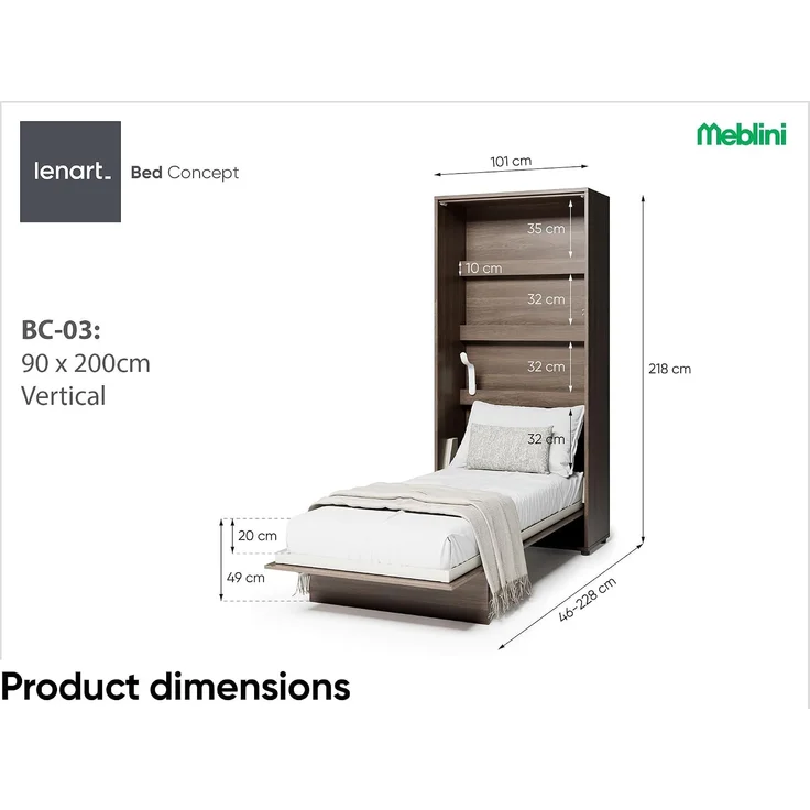 MEBLINI Schrankbett BC-03 - 90x200cm Vertikal - Dunin Eiche mit Matratze - Wandbett mit Lattenrost - Klappbett mit Schrank - Wandklappbett - Murphy Bed - Bettschrank – Bild 7