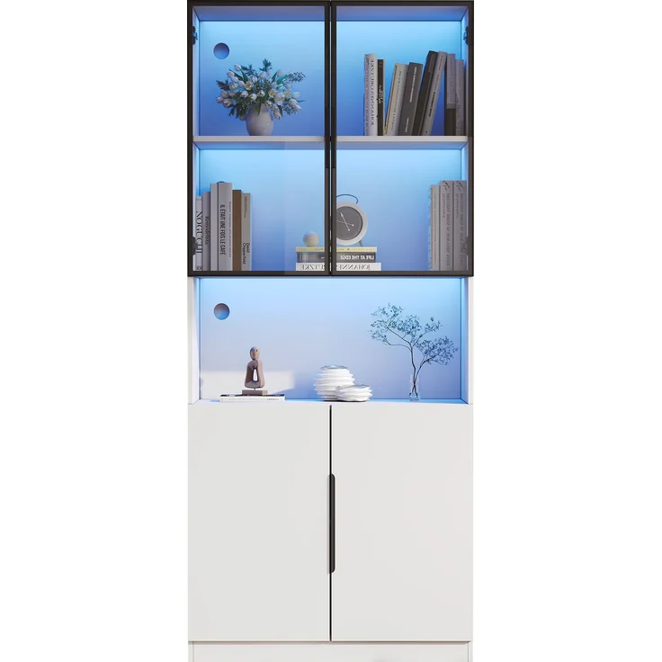 Moderne minimalistische Vitrine mit Glastüren, Vitrine mit LED-Leuchten, Bücherregal für Sammlerstücke, einstellbare Farbtemperatur und Helligkeit, weiße 80*30*200cm--Weiß--94.49x50.8x19.51cm--YOUDENOVA – Bild 6