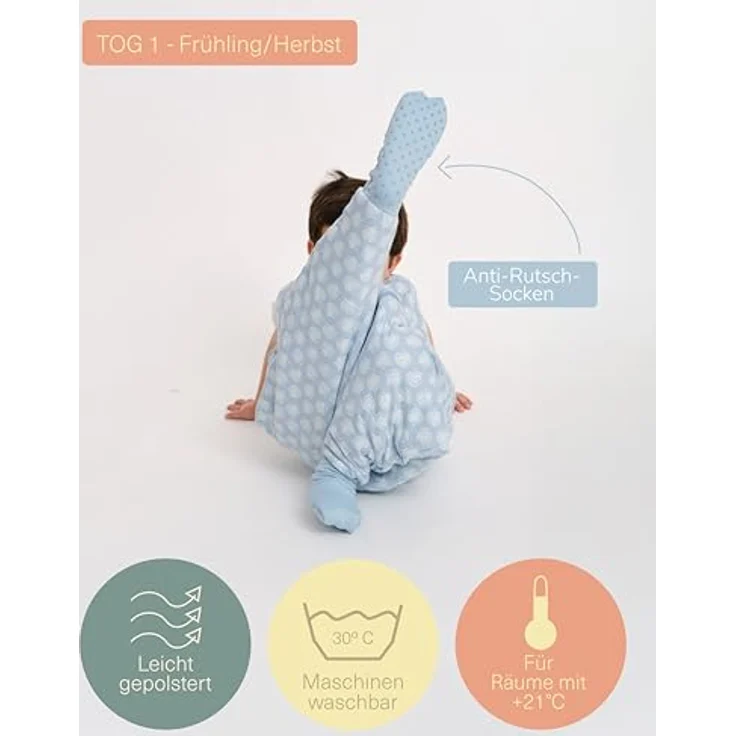 molis&co - Baby schlafsack mit Füßen und Socke -Ideal für Frühling und Herbst - Babyschlafsack mit Beinen 1 tog - 100% Baumwolle (Oeko-TEX 100), Premium Qualität - Lotus (70 cm) – Bild 5