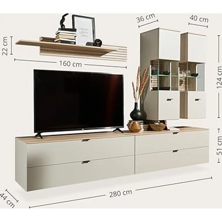 Stella Trading INA Wohnwand Komplett-Set in Kaschmir, Riva Eiche Optik FSC-Zertifiziert - Moderne Schrankwand 5-teilig mit LED-Beleuchtung für Ihr Wohnzimmer - 280 x 185 x 44 cm (B/H/T) – Bild 4