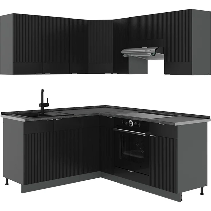 Winkelküche Fame-Line Schwarz gestreift/Anthrazit 190 x 160 cm ohne Arbeitsplatte Vicco – Bild 1
