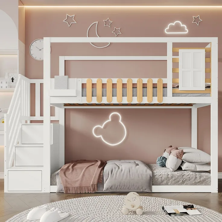 Merax Kinderbett, Etagenbett 90x200cm mit Treppe, Fenster und Regalkasten, mit 3 Schließfächer in der Treppe, mit Fallschutzgitter, Weiß