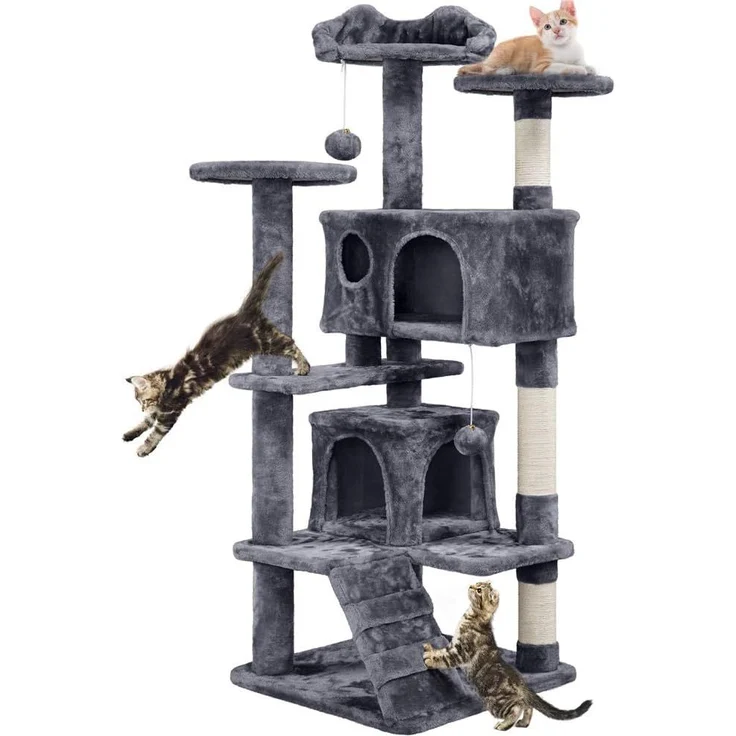 Yaheetech Kratzbaum Stabiler Katzenbaum Katzenkratzbaum Katzenmöbel, Kletterbaum für Katzen Höhe 137 cm, Dunkelgrau