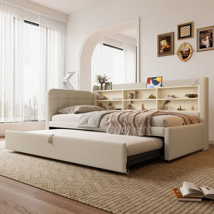 Daybett 90x200 cm mit Ausziehbett, Schlafsofa mit USB & Typ-C Ladeanschluss, multifunktionales, Leinenstoff Beige – Bild 1