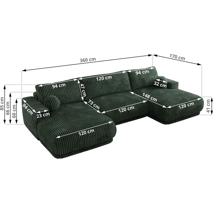 XXL Wohnlandschaft RINA U-Form 360 cm breit, Sofa mit Schlaffunktion & DL-Mechanismus, Wellenfederung, modern freistehend - Dunkelgrün Cord – Bild 7