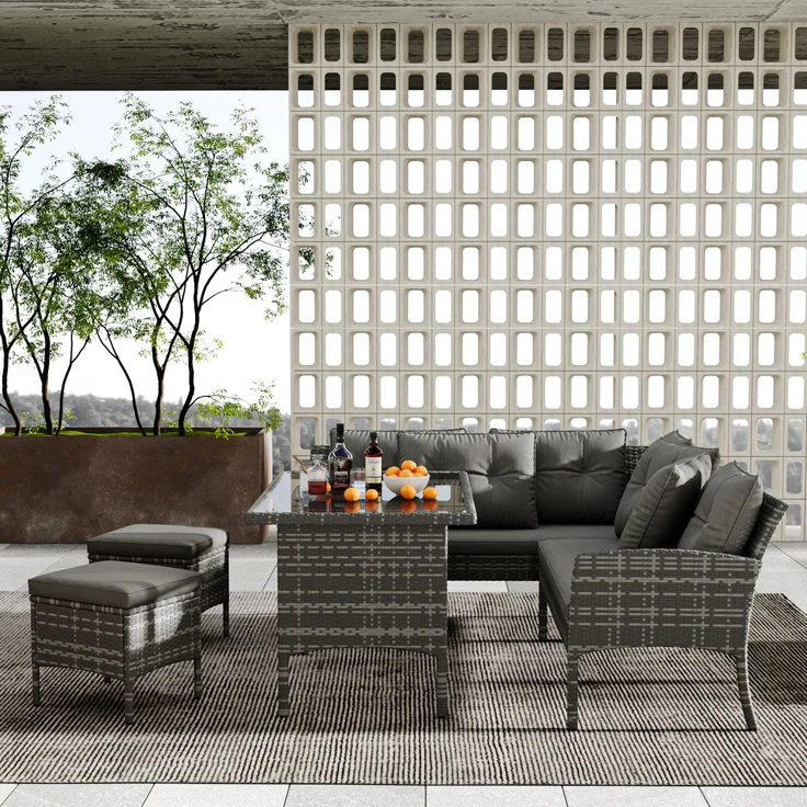 Merax Rattan Gartenmöbel Set 7 Personen, Terassenmöbel Balkonmöbel Set 4-tlg mit Kissen, Gartenlounge Set Loungemöbel Gartengarnitur Sitzgruppe, Grau – Bild 3