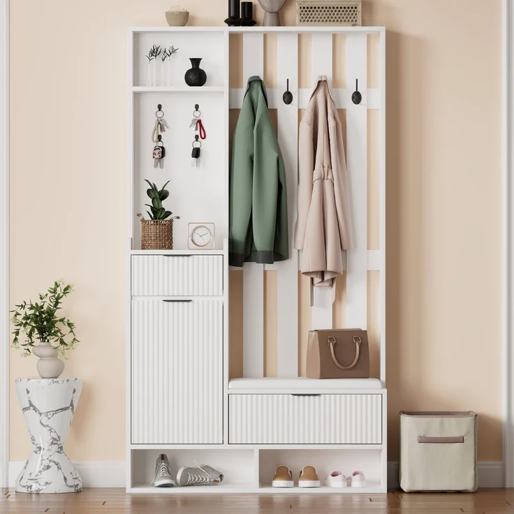 100*30*180cm Garderobenständer 6-in-1, mit 8 Haken, Schuhbank und Ablagen, Kippschutz,Kompaktgarderoben Mit Schubladen und Schränken,100cm breit,Schuhschrank, weiß – Bild 3