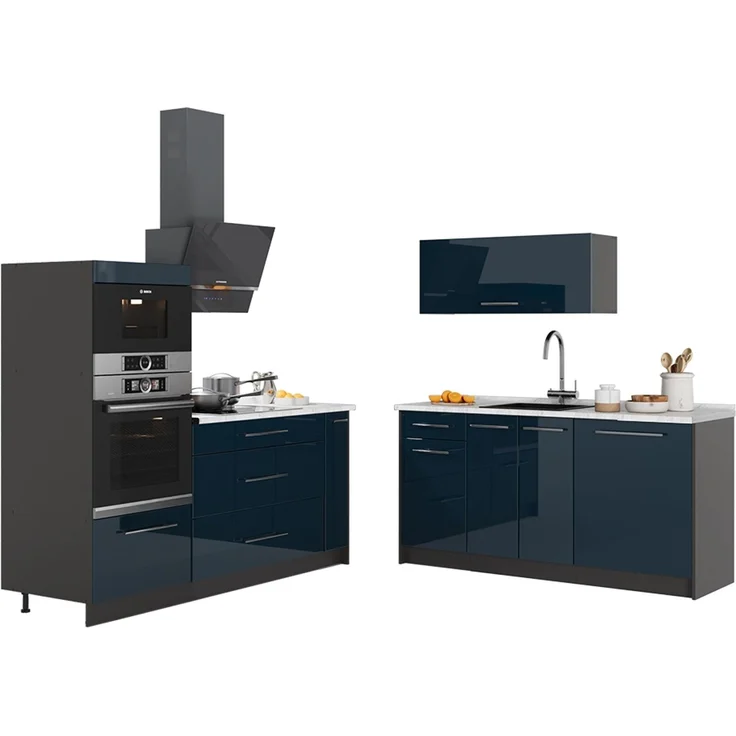 Küchenzeile Fame-Line Dunkelblau Hochglanz/Anthrazit 340 cm, AP Marmor Vicco – Bild 6