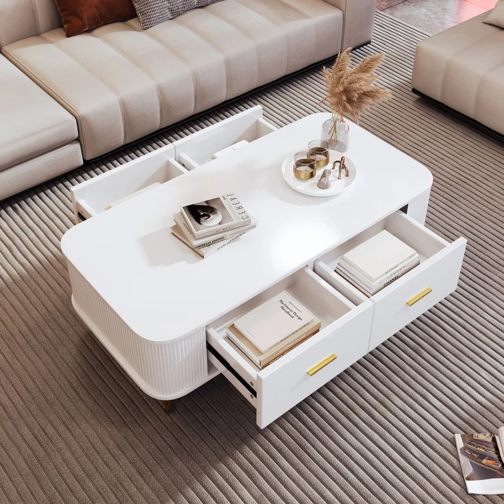 Couchtisch MDF mit 4 Schubladen & abgerundeten Kanten, 105x51x38 cm, Weiß – Bild 4