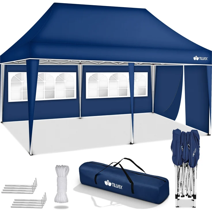 tillvex Pavillon 3x6m - mit 3 Seitenwänden Blau wasserdicht | Pop-Up Faltpavillon höhenverstellbar | Gartenzelt UV Schutz 50+ | Partyzelt mit Tasche für Garten – Bild 6