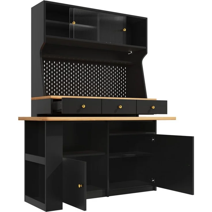 i@home Eckschreibtisch Hochschrank mit ausziehbarer Tischplatte, Schiebetüren (Küchenschrank, 2-St, mit 3 Schubladen und LED), Sideboard mit Stecktafel für Küche Esszimmer und Arbeitszimmer – Bild 2
