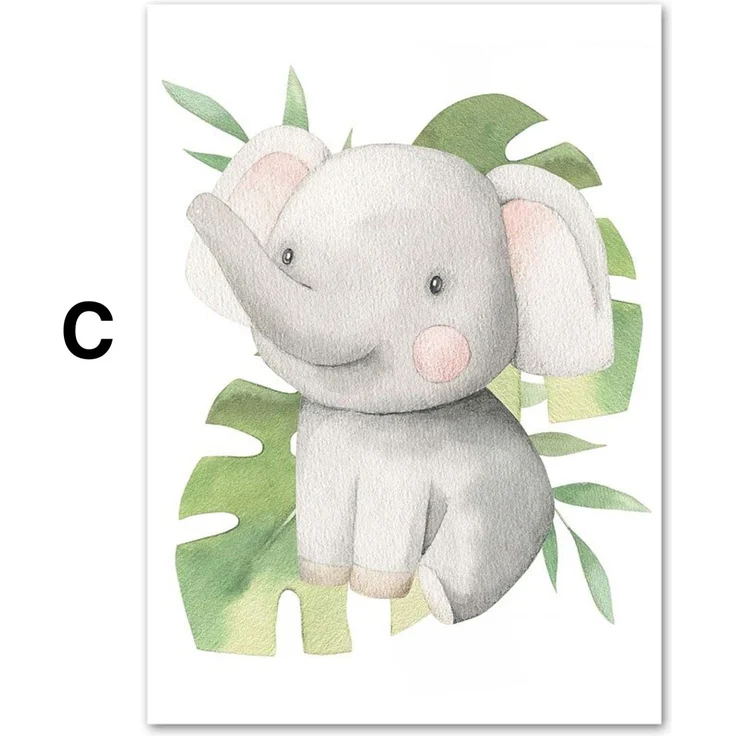 Poster Kinder süße Tiere mit Grünem Blatt Pandabär Giraffe Elefant Löwe Zebra Affe und Tiger als Deko Print ohne Rahmen - C / 21 x 30cm