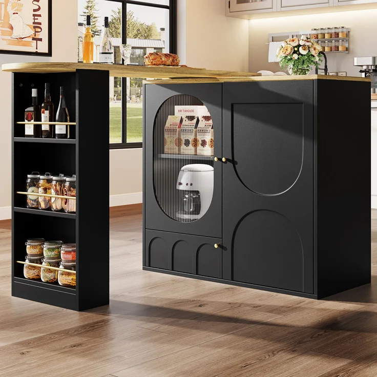 Kücheninsel Stehtisch 204x39x105cm MDF Metall Barwagen Aufbewahrung Drehtisch,Schwarz & Natur – Bild 2
