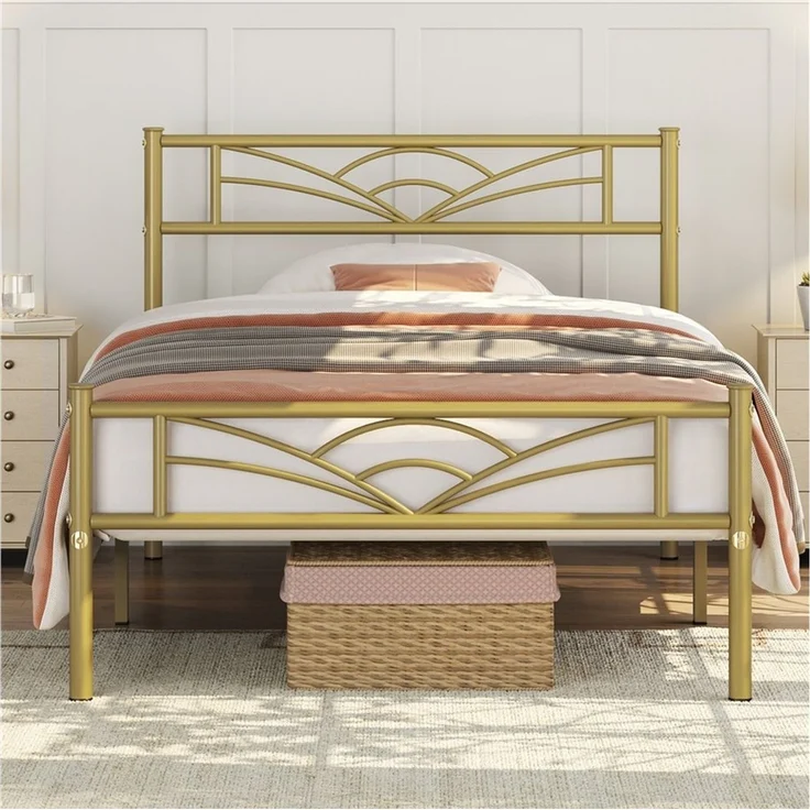 Yaheetech Metallbett mit Lattenrost, Wolkenmuster, Antikgold, 90x200 cm – Bild 3