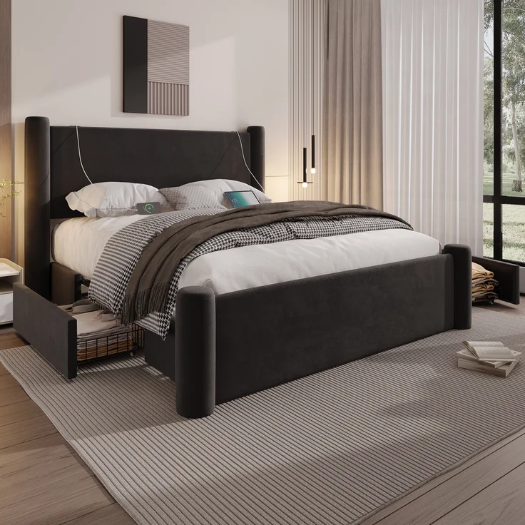 LVHOM Polsterbett 140x200cm Bettgestell, Doppelbett/Stauraumbett/Funktionsbett, Samt, dick gepolstertem Kopfteil, 2 praktischen Stauraumschubladen, integrierten USB-Anschlüssen – Bild 3