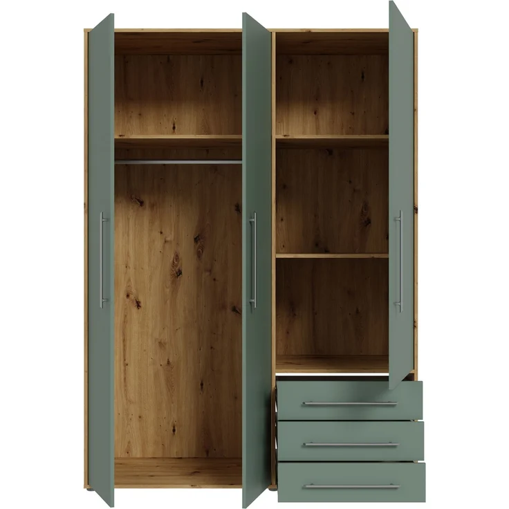 Forte MOKKARIS Kleiderschrank 140 150, 3-türig, 2 Schubladen, Einglegeböden, Kleiderstange, Holzwerkstoff, Sonoma Eiche Holzdekor / Salbei, 144,4 cm breit x 200,1 cm hoch x 52,7 cm tief – Bild 4