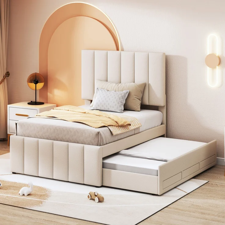 Polsterbett 90x200 cm mit Rollbett und Stauraumschubladen, hautfreundliche Leinenpolsterung, flaches Einzelbett, Kinderbett, Jugendbett, Gästebett (Beige) – Bild 2