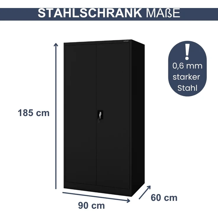 Aktenschrank abschließbar KADO - 5 Ebenen verstellbar, Flügeltüren | Metallschrank Werkstatt Mehrzweckschrank Büroschrank aus Stahl Werkzeugschrank, 185 x 90 x 60 cm Schwarz – Bild 2