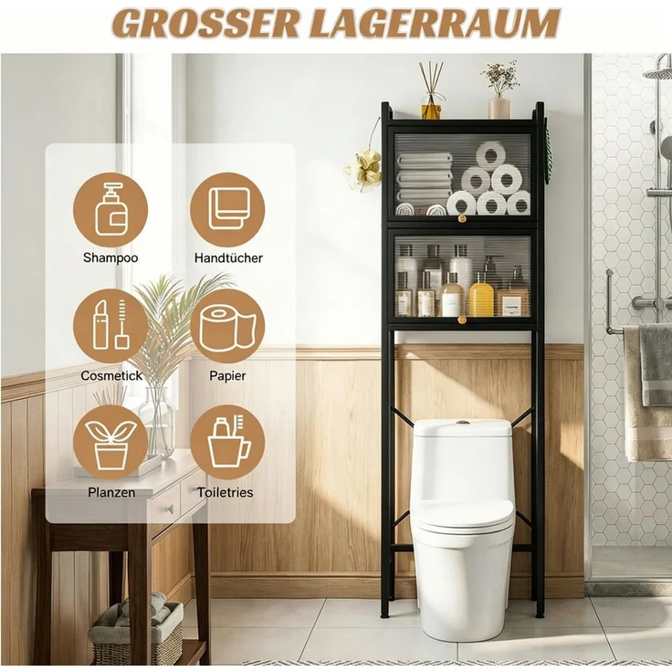 Rutaqian Badregal WC Regal mit Türen ohne Bohren Badezimmerregal Wasserdicht 50x25x165cm, Badregal mit Stauraum und PVC Türen, Platzsparender Badezimmerschrank – Bild 3