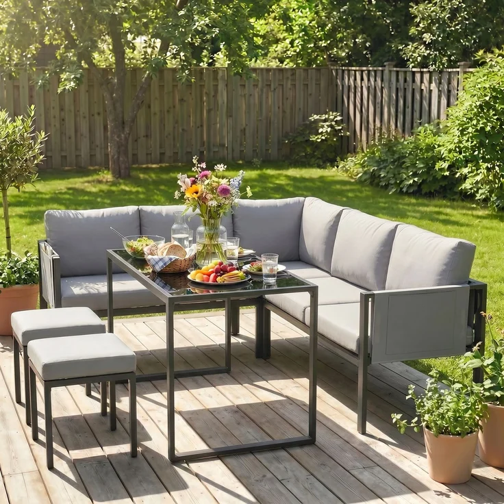 Wohnora-6-teiliges Gartenmöbel-Set mit Ecksofa, 10 cm dicken Kissen, Stehtisch und 2 Fußhockern, Grau,H 61cm x T 181cm x B 181cm – Bild 2
