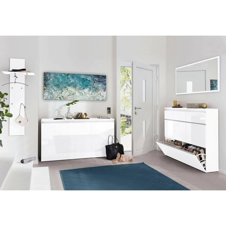 Dmora - Schuhregal Piero, Mehrzweckschrank mit 2 Türen und 1 Klapptür, Schuhregal für den Eingangsbereich, 100 % Made in Italy, 120 x 27 x 108 cm, glänzend weiß, – Bild 3