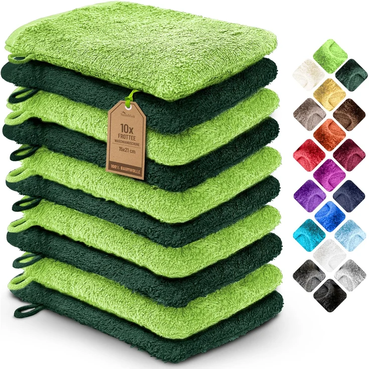 NatureMark 10x Waschhandschuhe aus Frottee 100% Baumwolle – Weich und Robust, Ideal für die tägliche Pflege und Gäste – Apfelgrün/Dunkelgrün, 15x21 cm