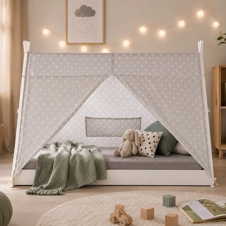 Kinderbett TIPI 90x200 Jugendbett weiß grau Holzbett Kinderzimmer Stoff – Bild 6