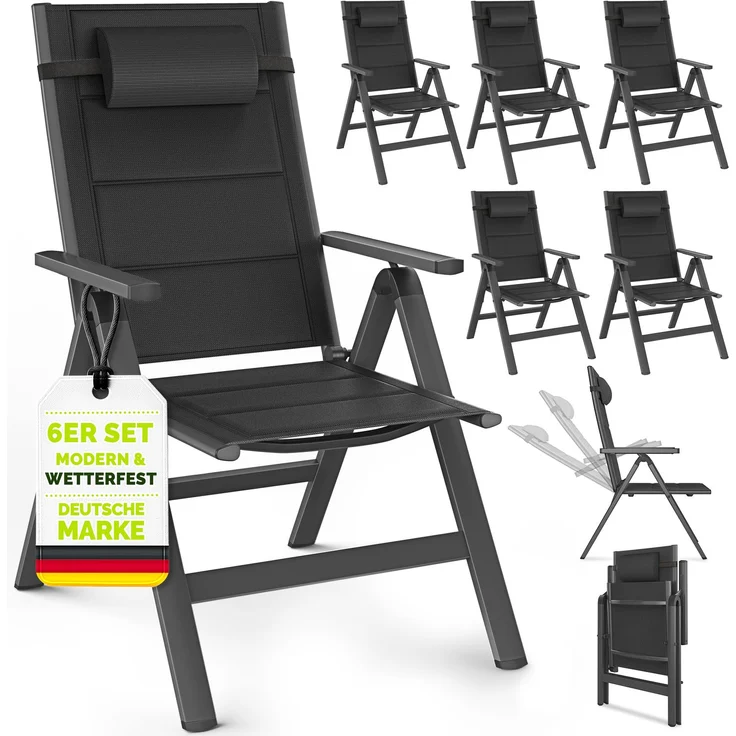 tillvex Gartenstuhl mit Polster Premium 6 Stück Anthrazit klappbar aus Aluminium | Hochlehner mit Armlehnen | Klappstuhl verstellbar | Klappsessel Balkon Garten Terrasse – Bild 1
