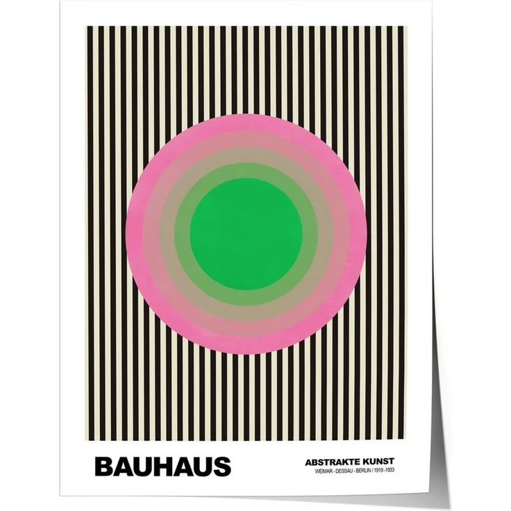 JUSTGOODMOOD Poster Bauhaus Abstrakte Kunst Grüner Kreis mit rosa Ringen auf schwarzen Str, (1 St) – Bild 1