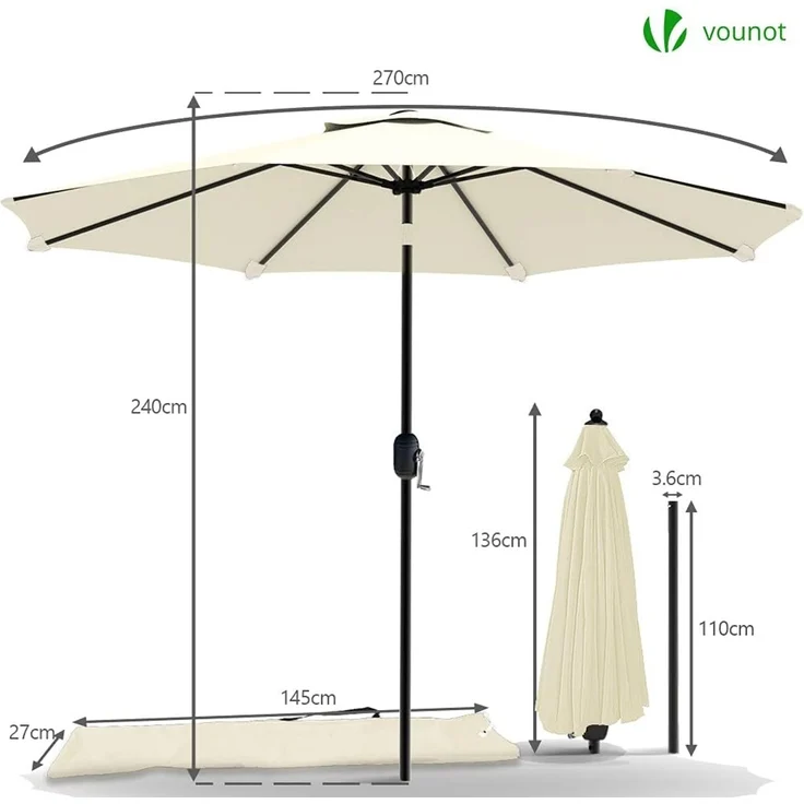 VOUNOT Sonnenschirm 270 cm mit Kurbelvorrichtung, Knickbar, Sonnenschutz UV-Schutz, Balkonschirm Gartenschirm Marktschirm mit Schutzhülle, Beige – Bild 6