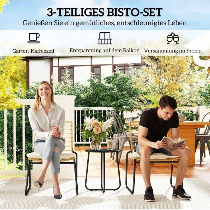 Hauss Spole Balkonmöbel-Set 3-teilig, stapelbare Stühle und Tisch aus Polyrattan, Beige, 56x67x78 cm – Bild 5