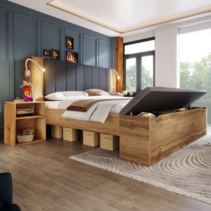 Rayofly-Doppelbett H 200cm x T 160cm x B 200cm, Holzbett mit klappbarem Kopfteil aus Leinenstoff, Stauraum, 2 Nachttische, Bettbank mit Stauraum, Leselampen mit USB, Lattenrost, Eiche, mit Matratze – Bild 8