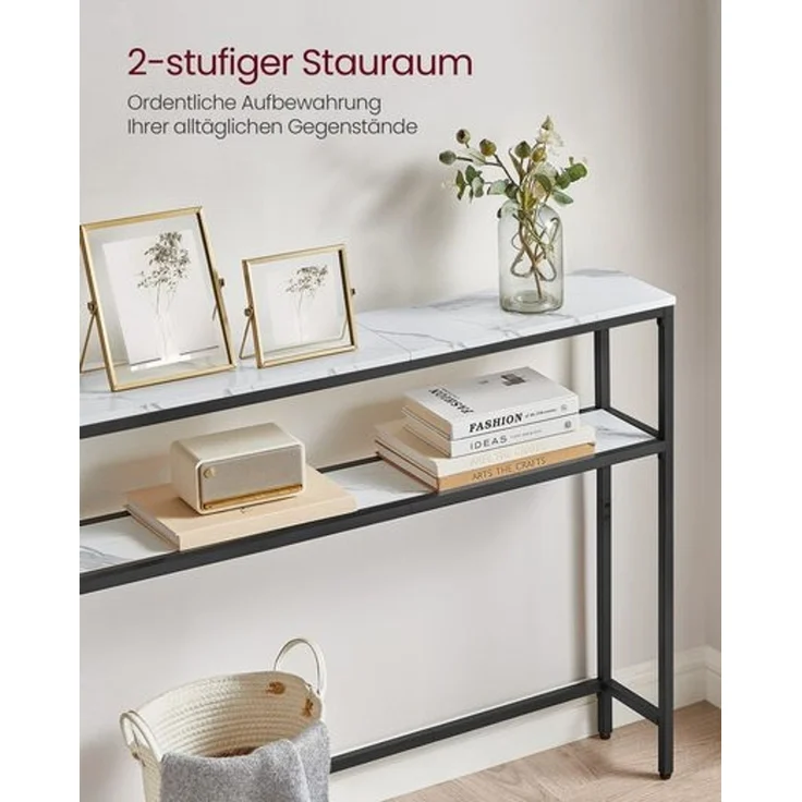 Vasagle Konsolentisch, schmaler Sofatisch mit 2 Ablagen, 20 x 80 x 80 cm, Flurtisch, 2 Ebenen, für Flur, Wohnzimmer, Schlafzimmer, marmorweiß-tintenschwarz LNTDE130W59 – Bild 2