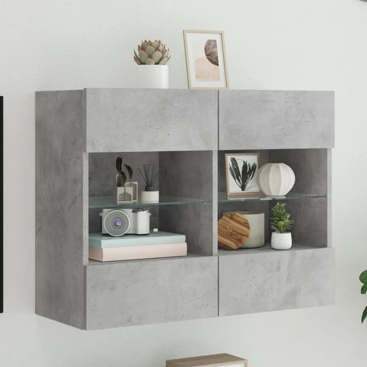 TV-Wandschrank, Fernsehschrank mit LED-Leuchten Betongrau 78,5 x 30 x 60,5 cm – Bild 1